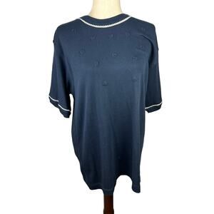 Vintage IZOD Club Navy Blue Sweater with Flowers and White Stitch Detail Size L